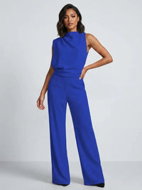 Damen Hochkragen Ärmelloser Jumpsuit mit Weitem Bein und Taschen - Blau