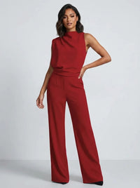 Damen Hochkragen Ärmelloser Jumpsuit mit Weitem Bein und Taschen - Rot