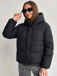 Damen Oversized Steppjacke mit Kapuze und integrierten Taschen - Schwarz