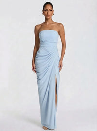 Olivia | Damen-Maxikleid mit Schnürung und seitlichem Schlitz - Himmelblau
