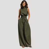 Ilaria | Damen Zweiteiler Rollkragen Oberteil Weite Hose Set - Militärgrün