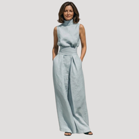 Ilaria | Damen Zweiteiler Rollkragen Oberteil Weite Hose Set - Hellblau