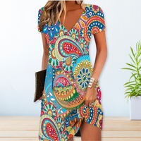 Ilonka | Damen Blumenkleid V-Ausschnitt Kurzarm Sommerkleid - Hellblau