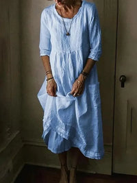 Wibke | Damen Midikleid Rundhals 3/4-Arm Weiter Schnitt - Blau