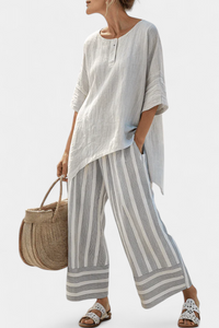 Vivian | Elegante asymmetrische Bluse & gestreifte Hose - Mehrfarbige Streifen