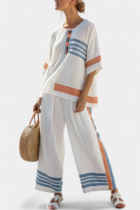 Marcellin | Damen Raffiniertes Blau-Orange Gestreiftes Top & Hose – Blau Orange Set - Mehrfarbige Streifen