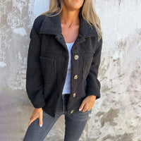 Carina | Damen Herbst Knöpfen Teddyjacke - Schwarz