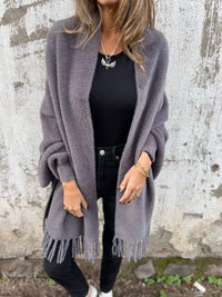Nele | Damen Lange Offene Front Strickjacke - Grau