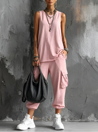 Valentina | Damen ärmelloses V-Ausschnitt-Set mit Taschen - Rosa