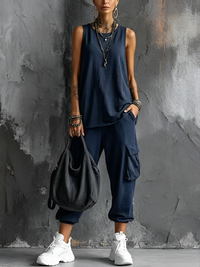 Valentina | Damen ärmelloses V-Ausschnitt-Set mit Taschen - Marineblau