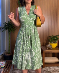 Damen Ärmelloses Blumenv-Ausschnitt Kleid in Knielänge - Grün