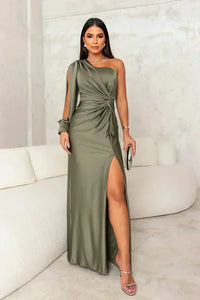 Ingrid | Damen Elegantes One-Shoulder Hochzeitsgast Kleid - Grün