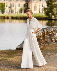 Iolanthe | Damen Wide Leg V-Ausschnitt Jumpsuit - Weiß
