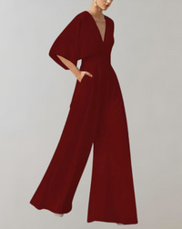 Iolanthe | Damen Wide Leg V-Ausschnitt Jumpsuit - Dunkelrot