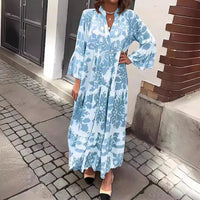 Isolde | Damen Blumenmuster Langarm Midi Kleid - Blau