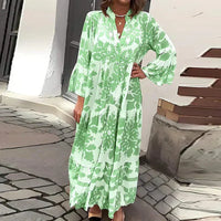 Isolde | Damen Blumenmuster Langarm Midi Kleid - Grün