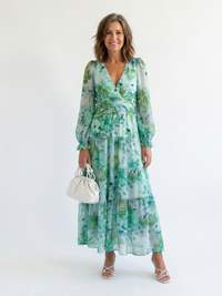 Isolde | Damen Blumenmuster Wickel Maxikleid - Grün