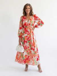 Isolde | Damen Blumenmuster Wickel Maxikleid - Orange