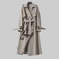 Helga | Damen Langer Doppelreihiger Trenchcoat Mit Gürtel - Grau