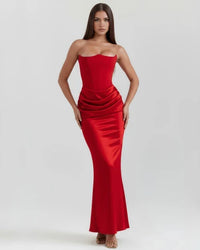 Jana | Damen Figurbetontes Satin Korsett Abendkleid - Rot