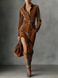 Britta | Damen Wildleder Einreiher Reverskragen Midikleid Langarm – Wildleder Midi - Dark Brown