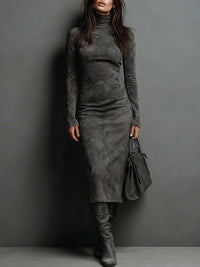 Jana | Damen Stehkragen Langarm Wildleder Midikleid – Wildleder Midi Stehkragen - Dark grey