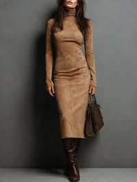 Jana | Damen Stehkragen Langarm Wildleder Midikleid – Wildleder Midi Stehkragen - Khaki