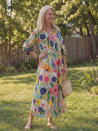 Josefine | Damen Blumen Maxikleid mit 3/4 Ärmeln - Mehrfarbig