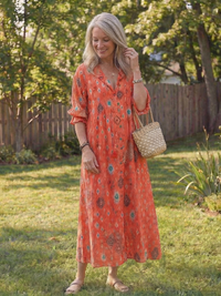 Josefine | Damen Blumen Maxikleid mit 3/4 Ärmeln - Orange