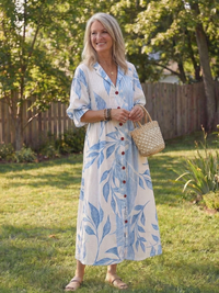 Josefine | Damen Blumen Maxikleid mit 3/4 Ärmeln - Blau