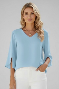 Josefine | Damen V-Ausschnitt 3/4 Arm Bluse - Blau