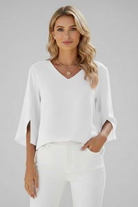 Josefine | Damen V-Ausschnitt 3/4 Arm Bluse - Weiß