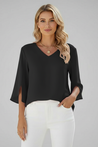 Josefine | Damen V-Ausschnitt 3/4 Arm Bluse - Schwarz