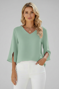 Josefine | Damen V-Ausschnitt 3/4 Arm Bluse - Grün