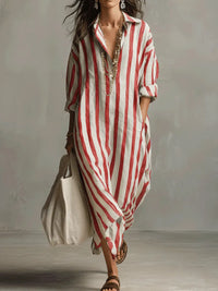 Josephine | Damen Gestreift Langes Hemdblusenkleid - Rot