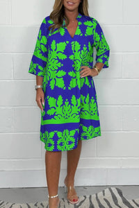 Niva | Glänzendes Frühlings-Midikleid - Grün und Marineblau