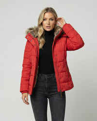 Julia | Damen Winter Gesteppte Kunstfelljacke - Rot