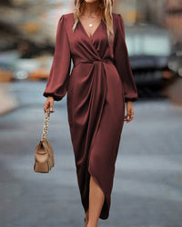 Rosa | Damen Elegantes V-Ausschnitt Satin Kleid mit langen Ärmeln - Burgurd