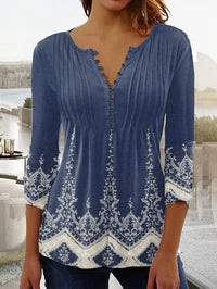 Karoline | Blumige Bluse mit V-Ausschnitt - Blau