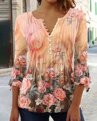 Karoline | Blumige Bluse mit V-Ausschnitt - Orange