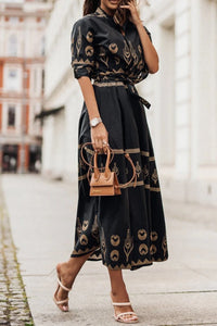 Kassandra | Damen Boho Ethno Midikleid Langarm - Schwarz