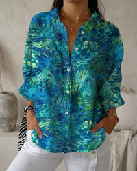 Katrin | Damen Bluse mit tropischem Print - Blauer Pfau