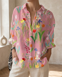 Katrin | Damen Bluse mit tropischem Print - Rosa Gelb Druck