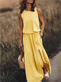 Klara | Damen Ärmelloses Rundhals Maxikleid - Gelb