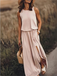 Klara | Damen Ärmelloses Rundhals Maxikleid - Khaki