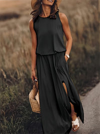 Klara | Damen Ärmelloses Rundhals Maxikleid - Schwarz