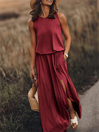 Klara | Damen Ärmelloses Rundhals Maxikleid - Rot