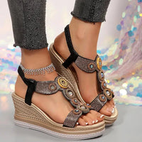 Klara | Damen Schmuckstein Keilabsatz Sandalen - Schwarz