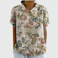Kurzärmelige Damenbluse mit Blumenmuster und Bubikragen - Weiß 5