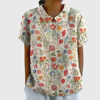 Kurzärmelige Damenbluse mit Blumenmuster und Bubikragen - Weiß 6
